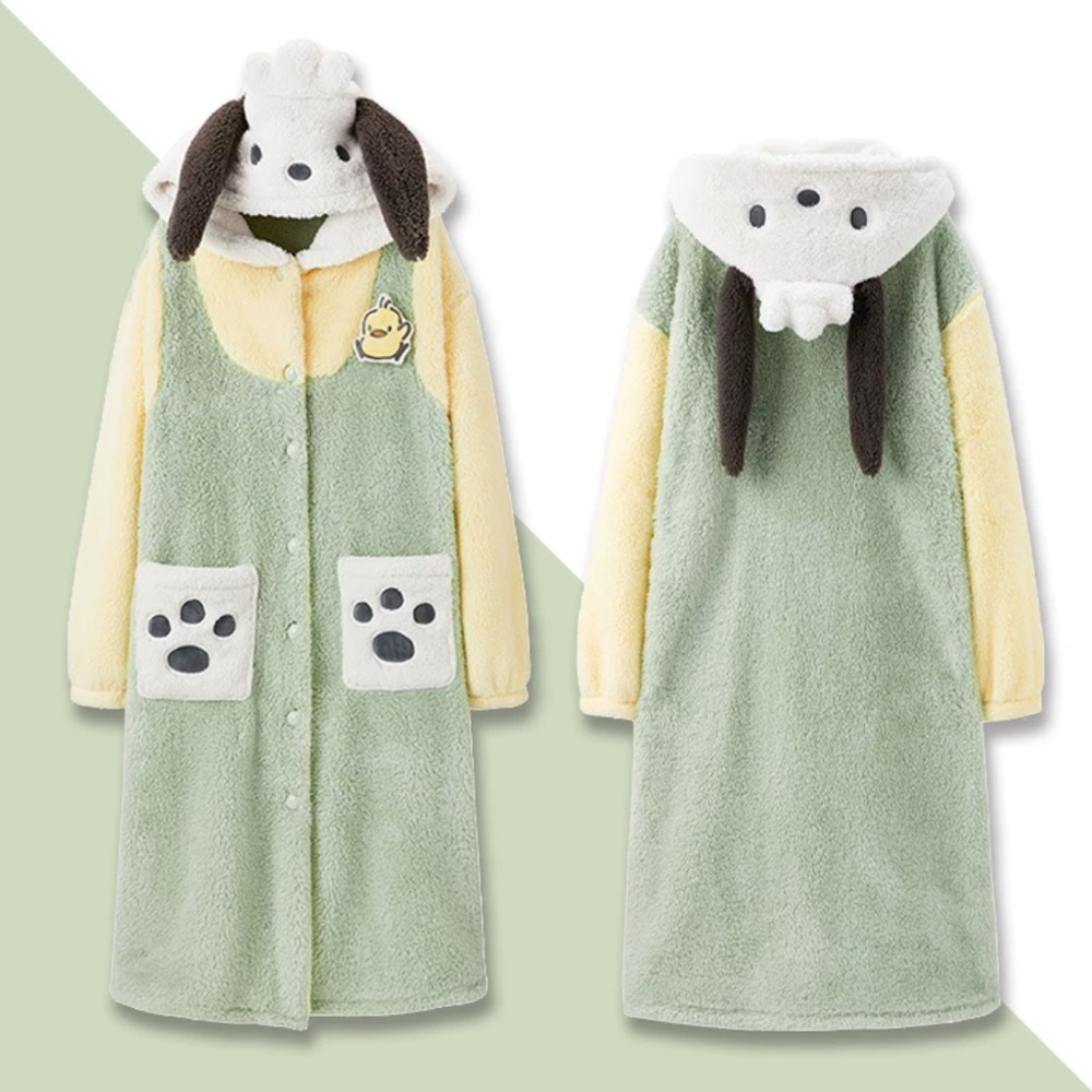super warm pochacoo Plush Pajamas soft green and yellow Cozy Night Gown